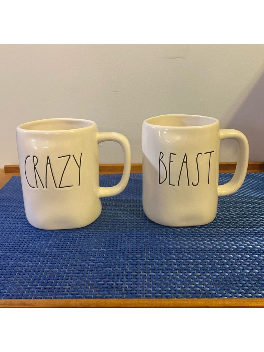 Rae Dunn mugs “Crazy” and “Beast”